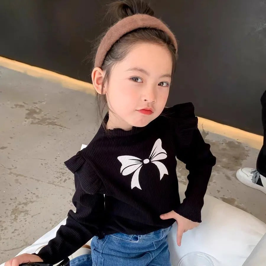 Kids fashion top knotbow pinted shirt with jeans pant dress for girls