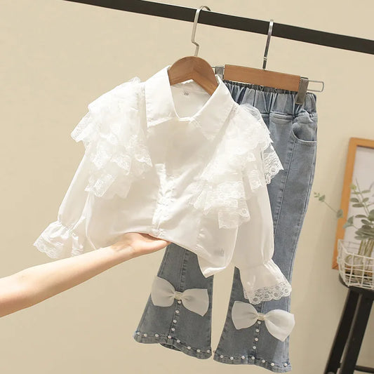 Children's Suit Flower Girl's Lace Doll Collar Long White Shirt with Bow Jeans Summer Suits Clothes for Kids