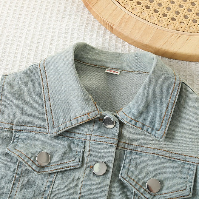 4517 Denim vest jacket + long sleeved 2 pcs dress for girls