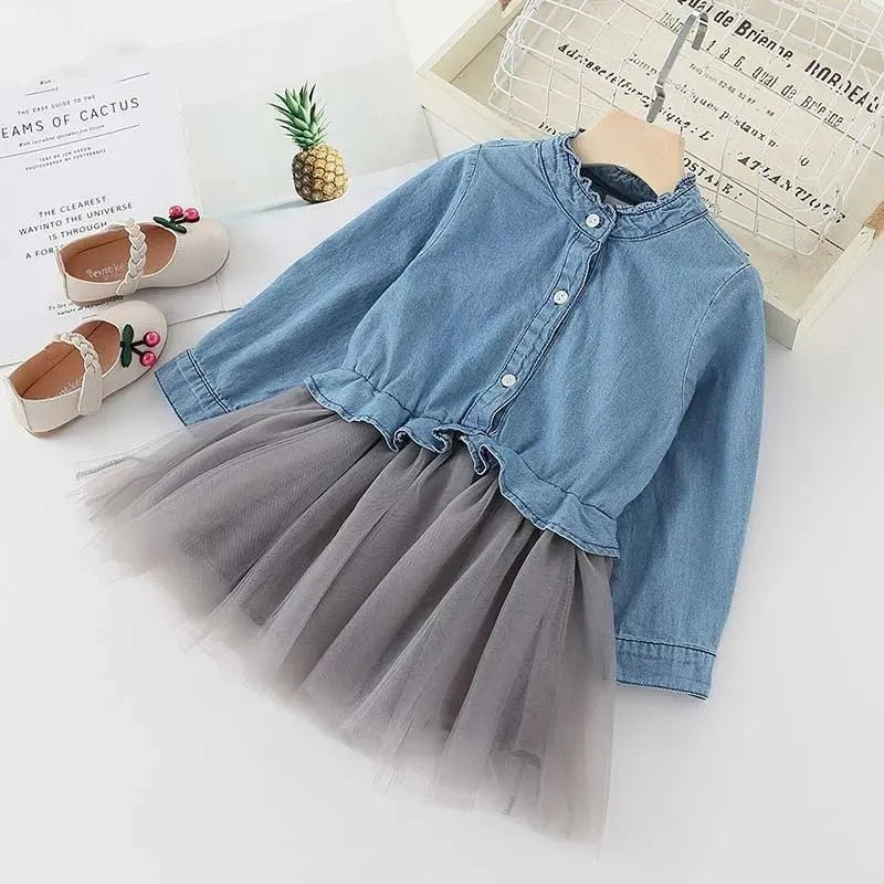 Western style denim Full shirt with skirt mesh net for girls