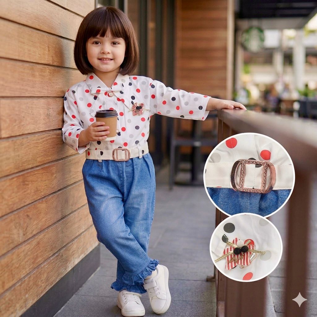 Polka dot printed look shirt and jeans Romper for girls