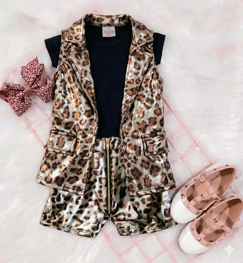 Leopard printed sleeveless waist+short with shirt 3 piece dress for girls and boys