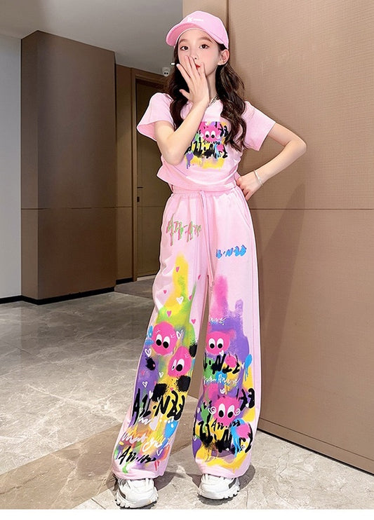 Cute Pink Cartoon T-shirt Pants Set Fashion Straight Pants Rainbow Outfits In Summer