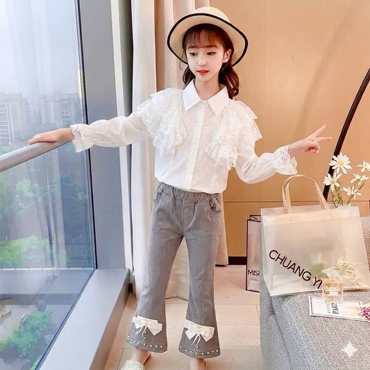 Children's Suit Flower Girl's Lace Doll Collar Long White Shirt with Bow Jeans Summer Suits Clothes for Kids
