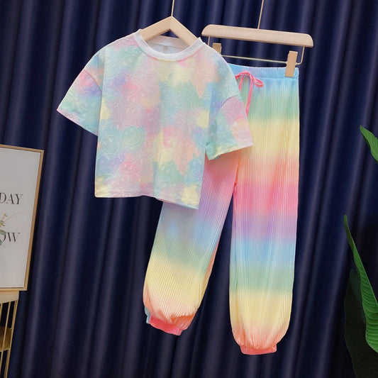 Rainbow Gradient Color Loose 2pcs T-shirts+pants Tie-dyed Clothing