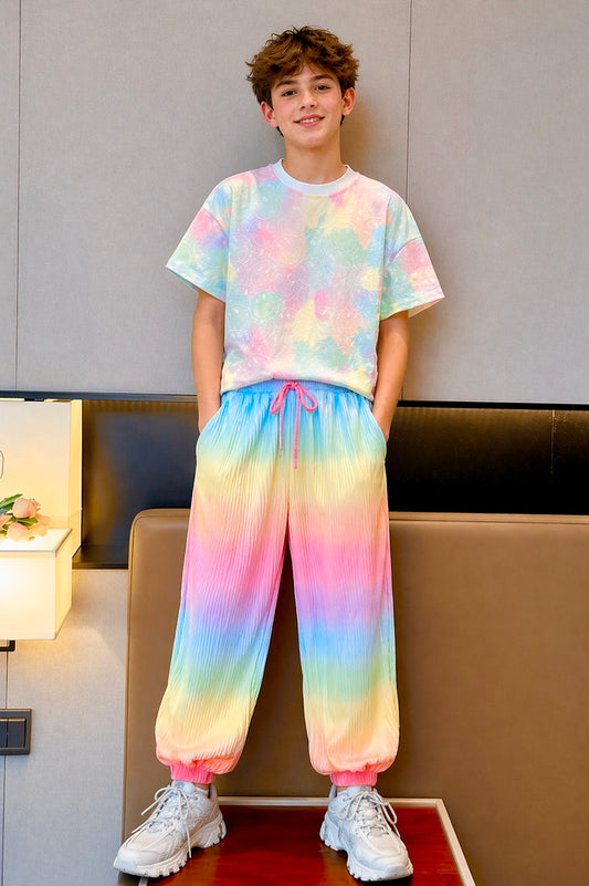 Rainbow Gradient Color Loose 2pcs T-shirts+pants Tie-dyed Clothing