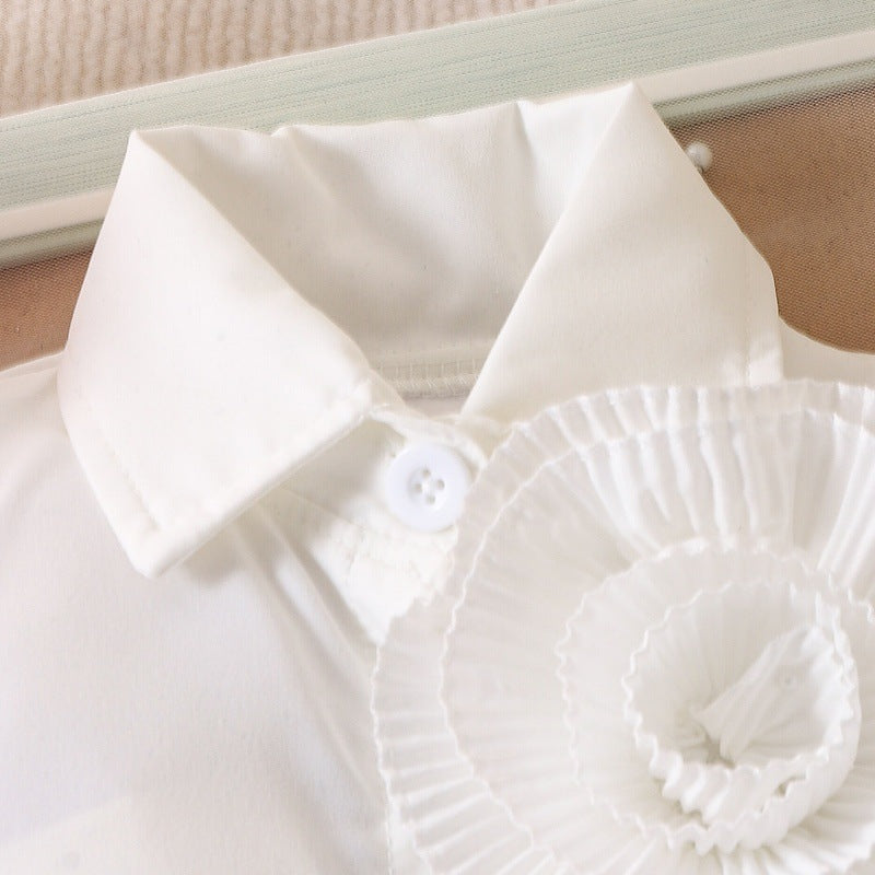 Kids fashion flower decorated lapel top + pleated skirt two-piece dress for girls