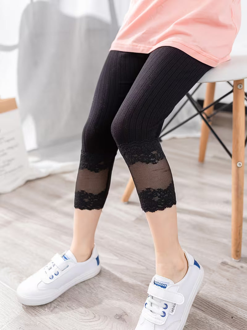 Girls' Summer Breathable Slim-Fit Capri Pants with Contrast Lace Trim, Stretchy Solid Color Casual Shorts for Skirts &amp; Dresses, Comfortable Playwear