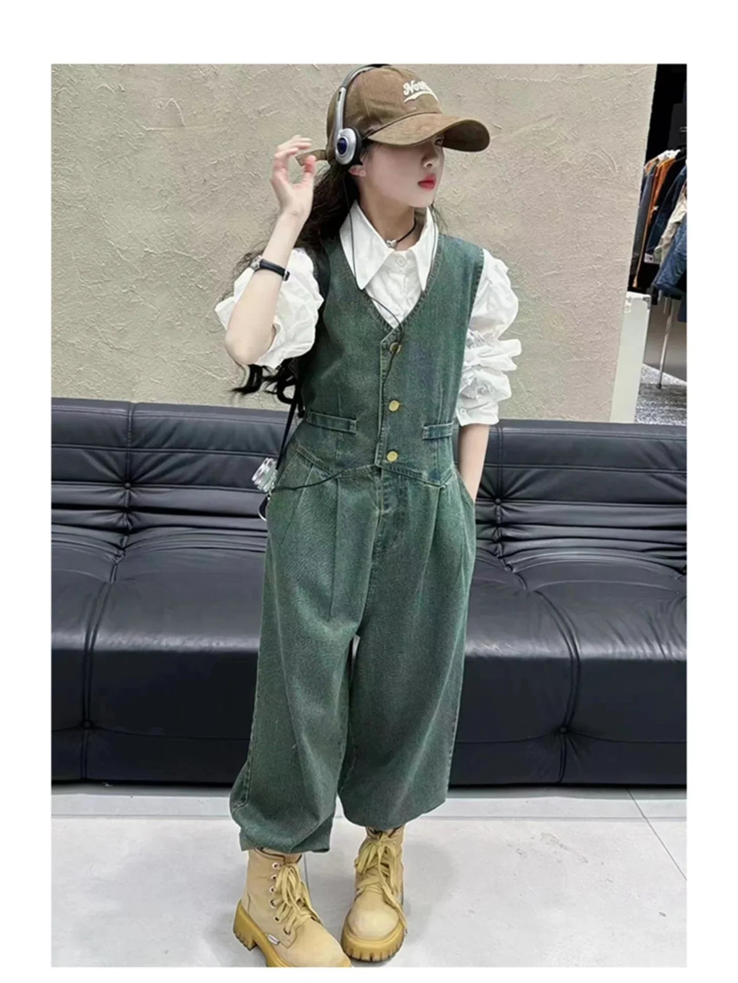 French girls' jeans outfit for kids Denim Vest + Pent + white cotton blouse puff sleeve shirt 3 pcs. set of clothes for adolescent girlS