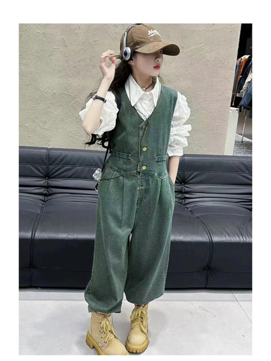 French girls' jeans outfit for kids Denim Vest + Pent + white cotton blouse puff sleeve shirt 3 pcs. set of clothes for adolescent girlS