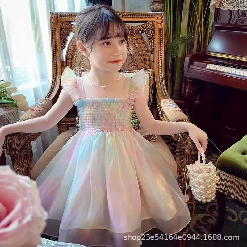 Korean rainbow ruffles elegant style frock for girls
