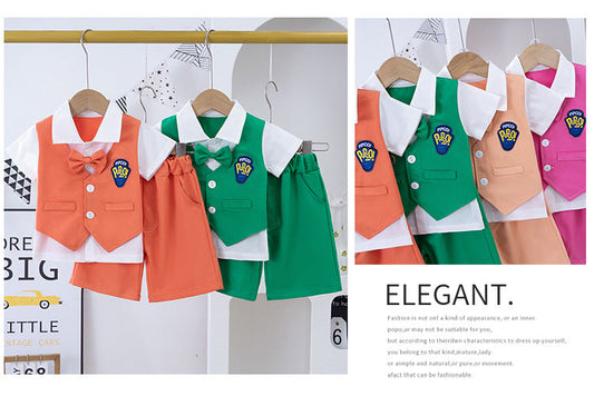 4186 Fake jacket style shirt with short+bow 3 pcs dress for boys