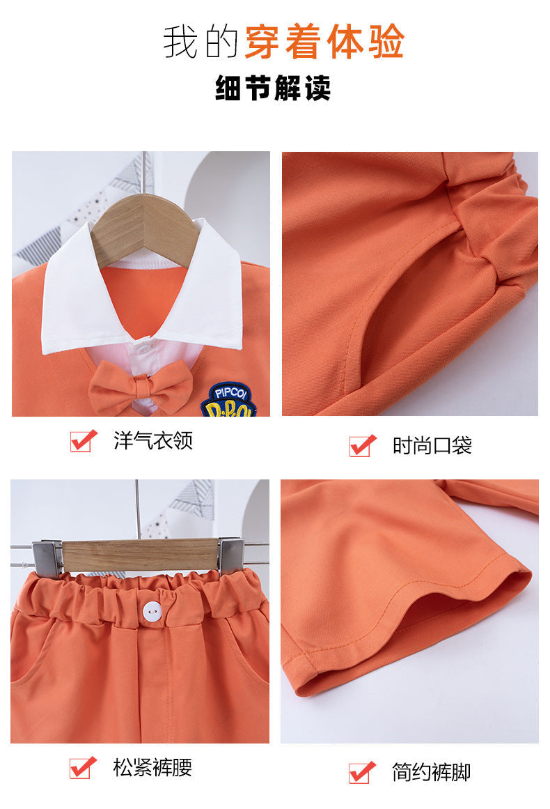 4186 Fake jacket style shirt with short+bow 3 pcs dress for boys