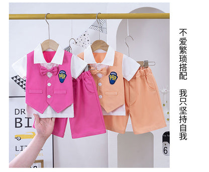 Fake jacket style shirt with short+bow 3 pcs dress for boys