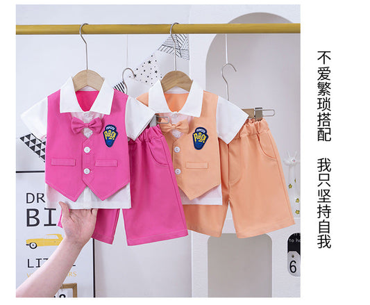 4186 Fake jacket style shirt with short+bow 3 pcs dress for boys