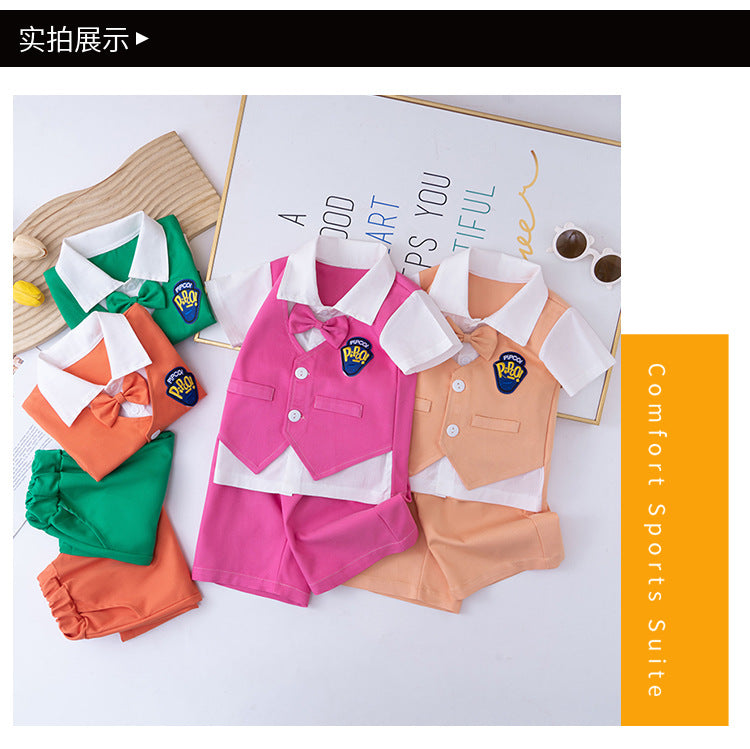 4186 Fake jacket style shirt with short+bow 3 pcs dress for boys