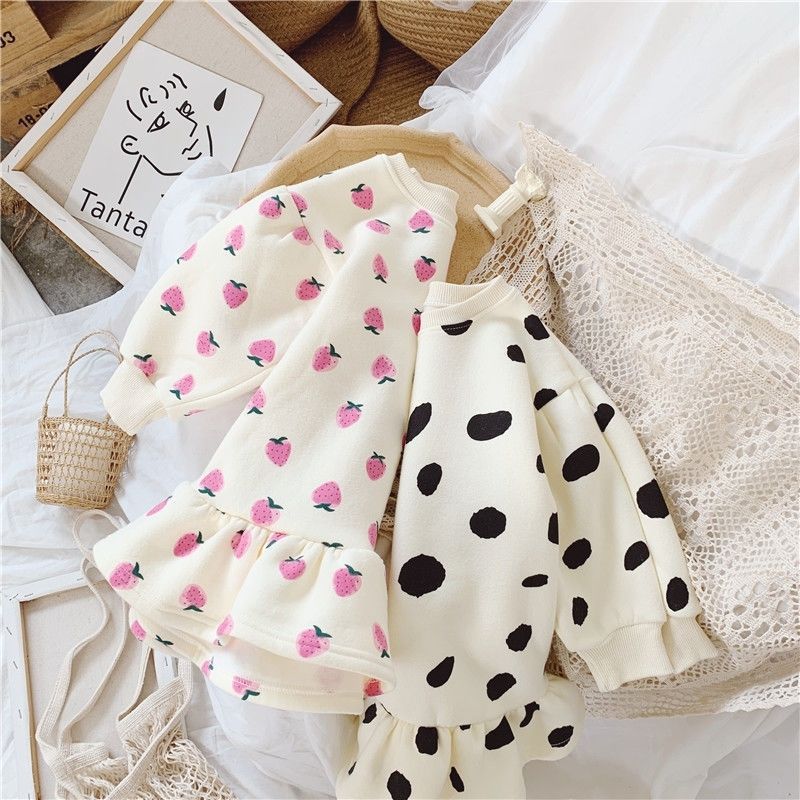 Baby clothes polka dot and strawberry clothe casual fleece dress for girls