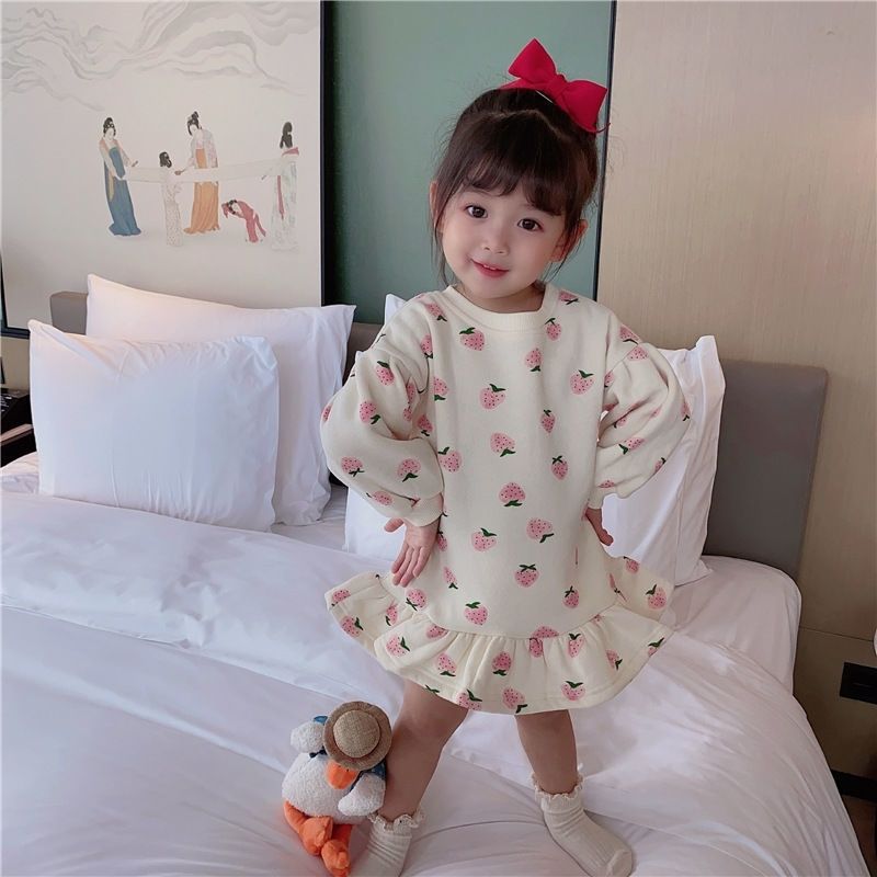 Baby clothes polka dot and strawberry clothe casual fleece dress for girls