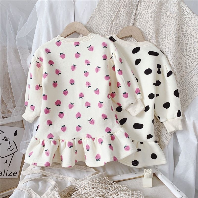 Baby clothes polka dot and strawberry clothe casual fleece dress for girls