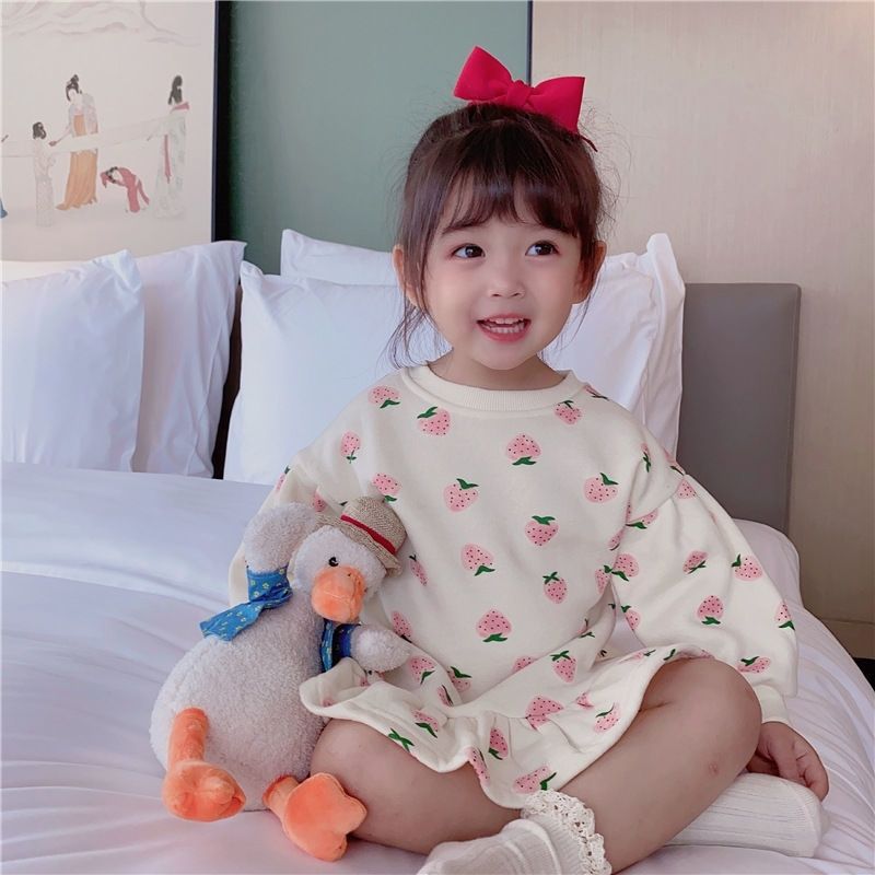 Baby clothes polka dot and strawberry clothe casual fleece dress for girls