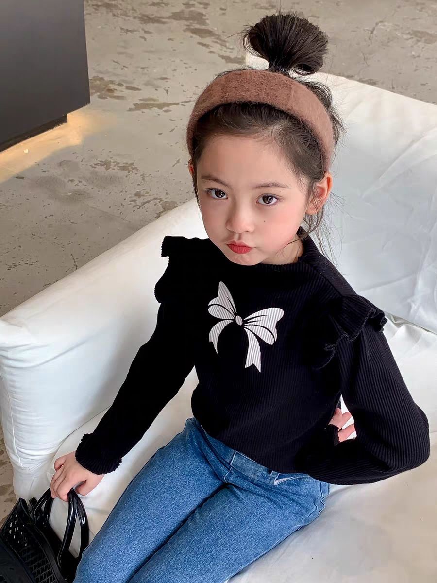 Kids fashion top knotbow pinted shirt with jeans pant dress for girls