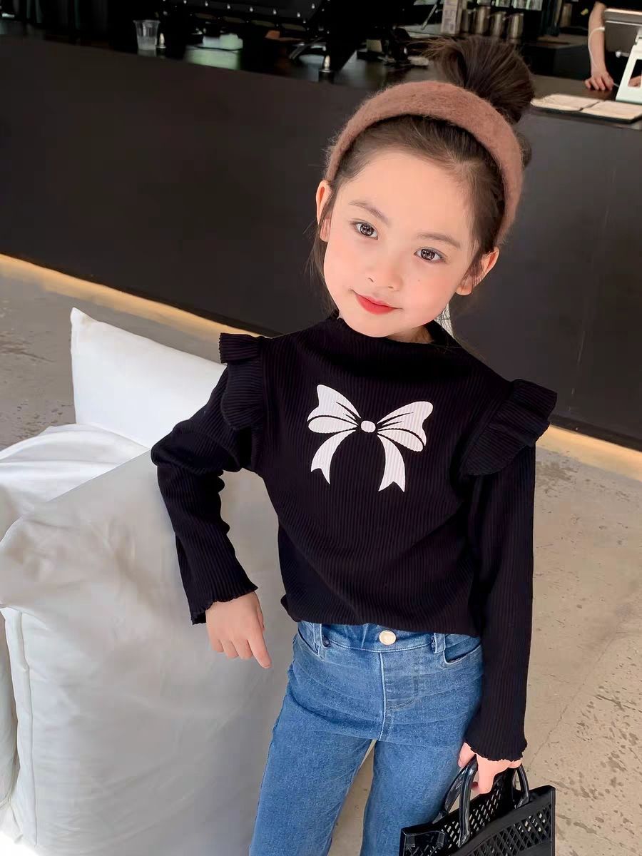 Kids fashion top knotbow pinted shirt with jeans pant dress for girls