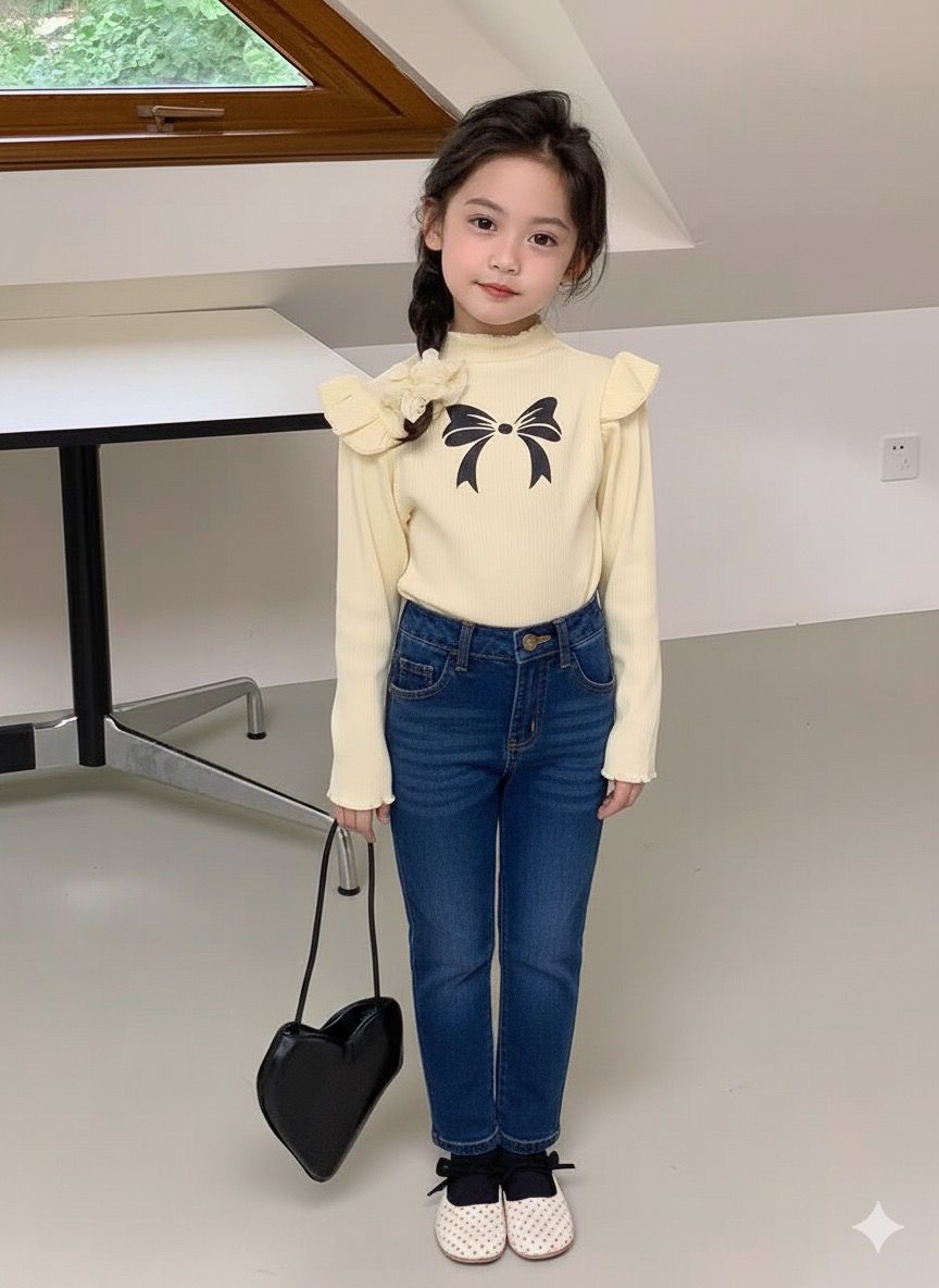 Kids fashion top knotbow pinted shirt with jeans pant dress for girls