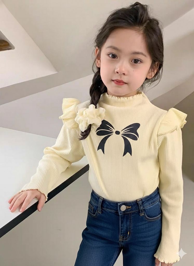 Kids fashion top knotbow pinted shirt with jeans pant dress for girls