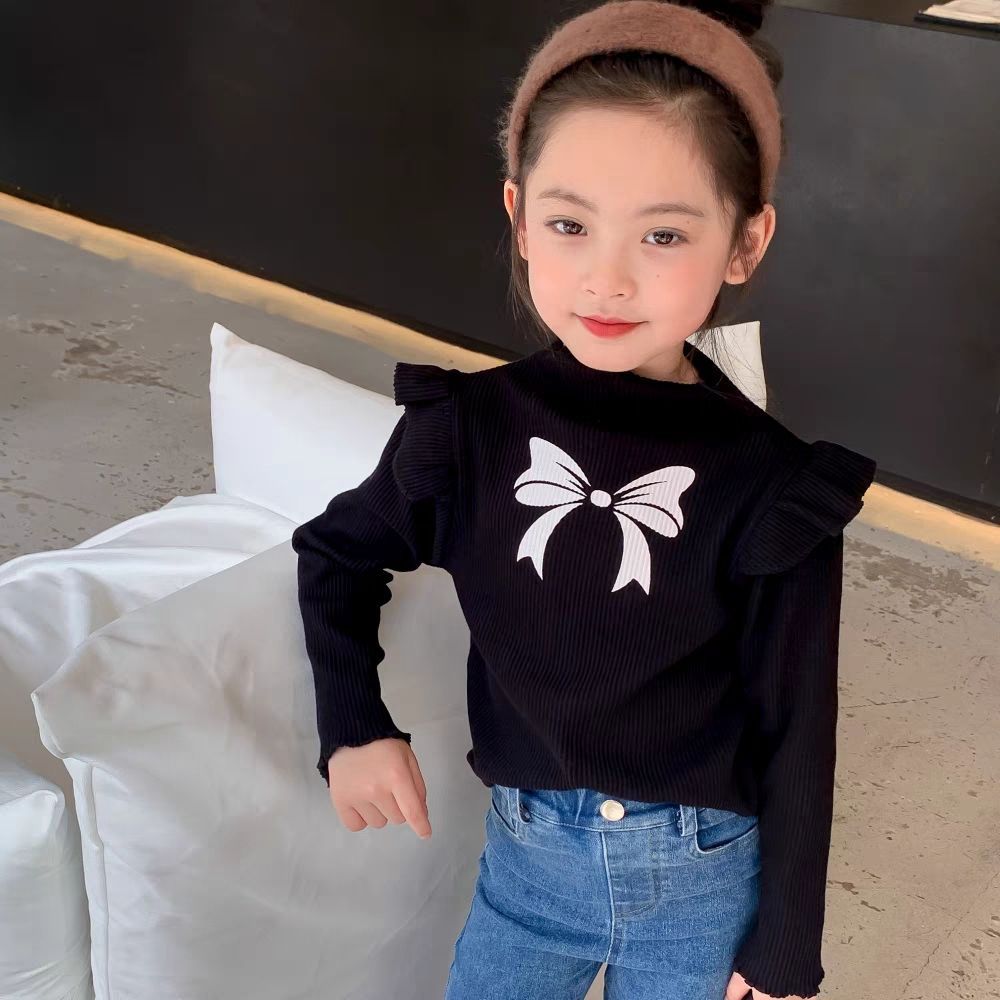 Kids fashion top knotbow pinted shirt with jeans pant dress for girls