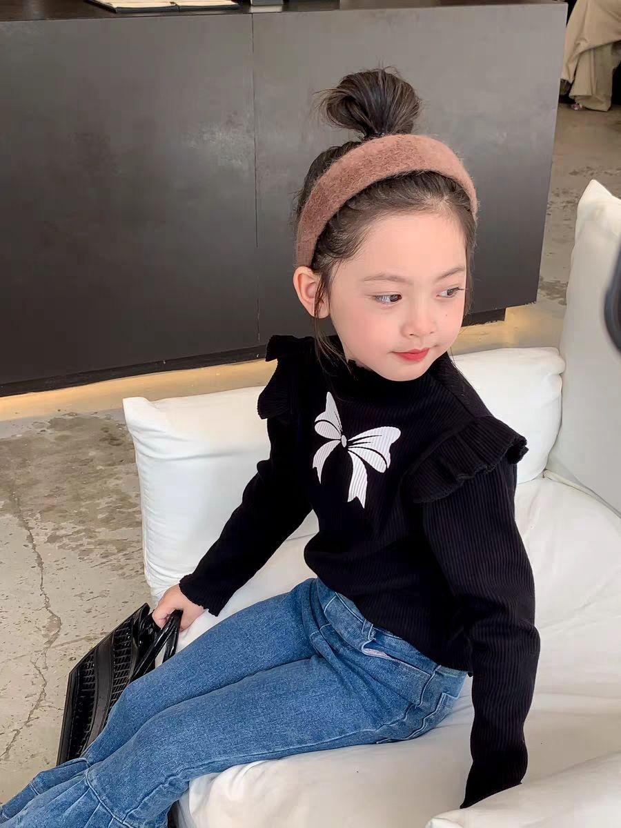 Kids fashion top knotbow pinted shirt with jeans pant dress for girls
