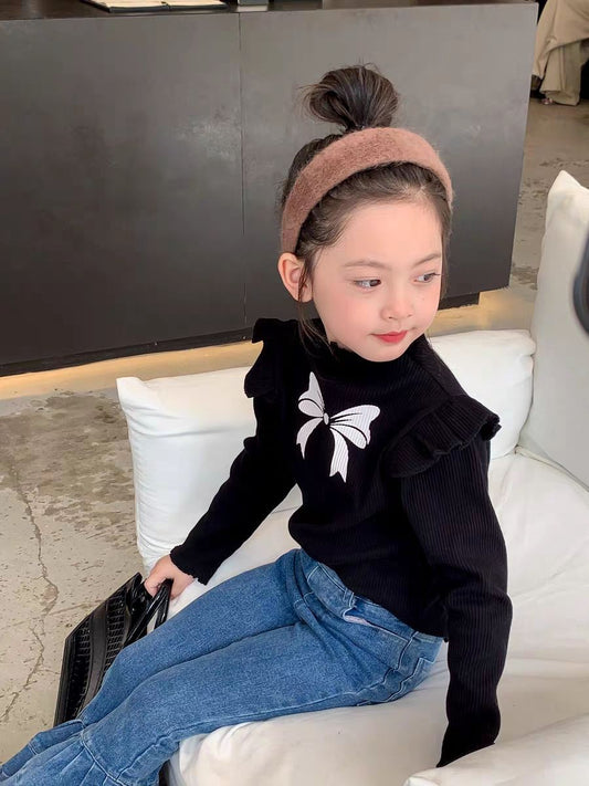 Kids fashion top knotbow pinted shirt with jeans pant dress for girls