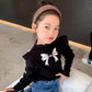 Kids fashion top knotbow pinted shirt with jeans pant dress for girls