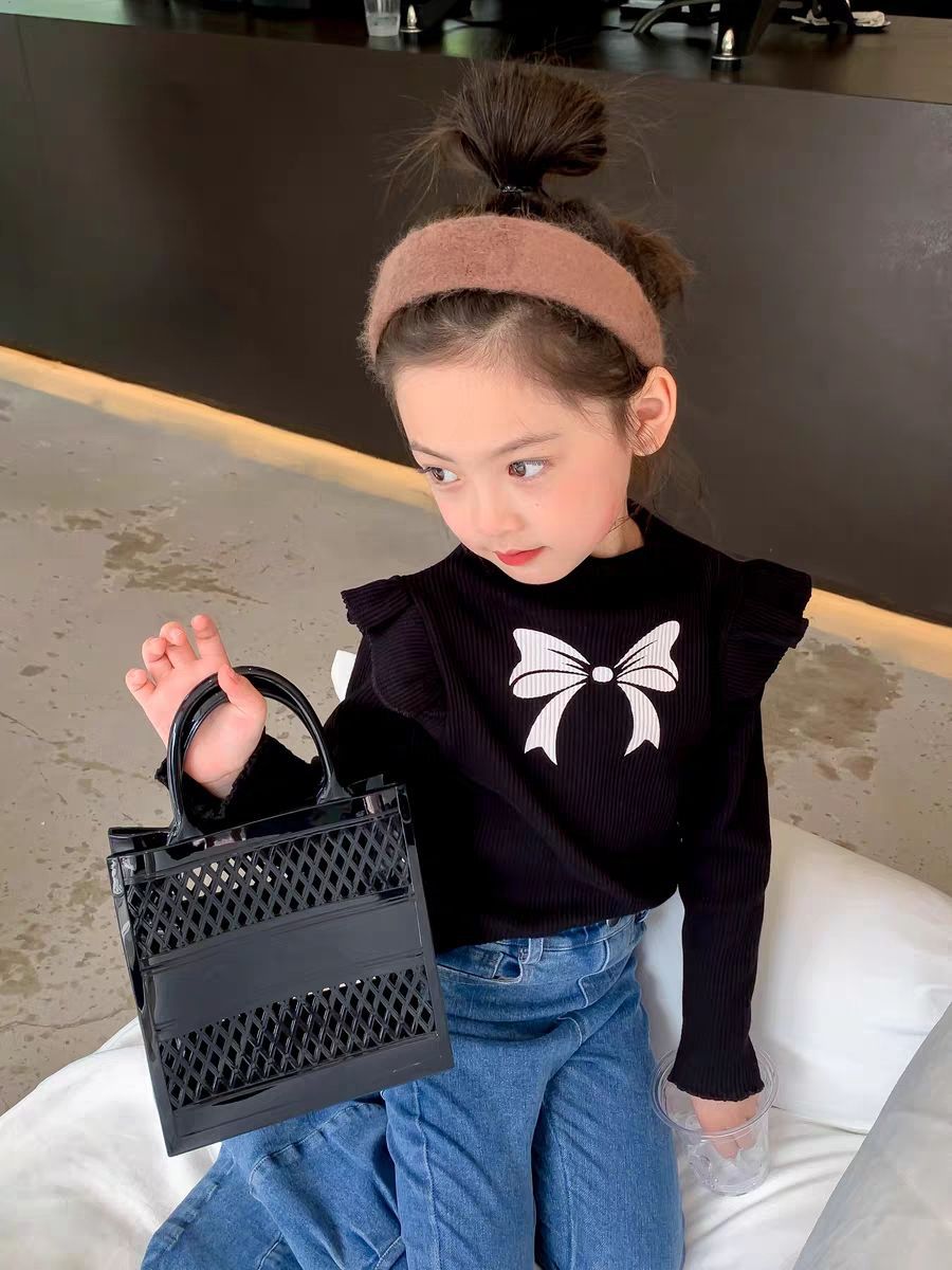Kids fashion top knotbow pinted shirt with jeans pant dress for girls