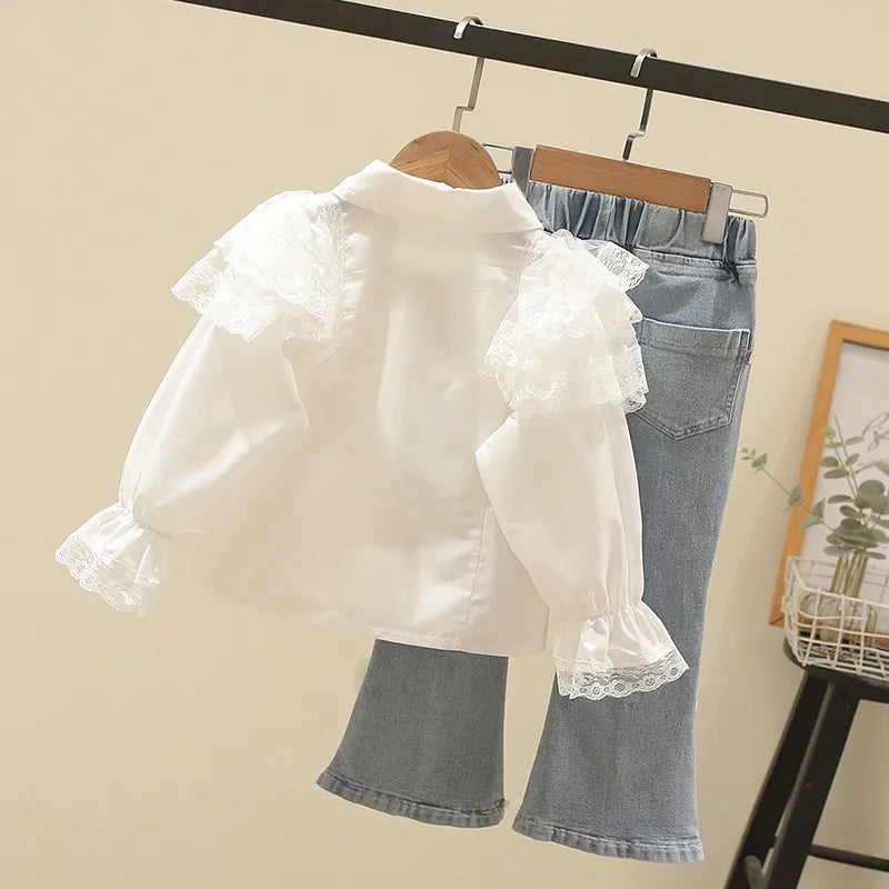 Children's Suit Flower Girl's Lace Doll Collar Long White Shirt with Bow Jeans Summer Suits Clothes for Kids