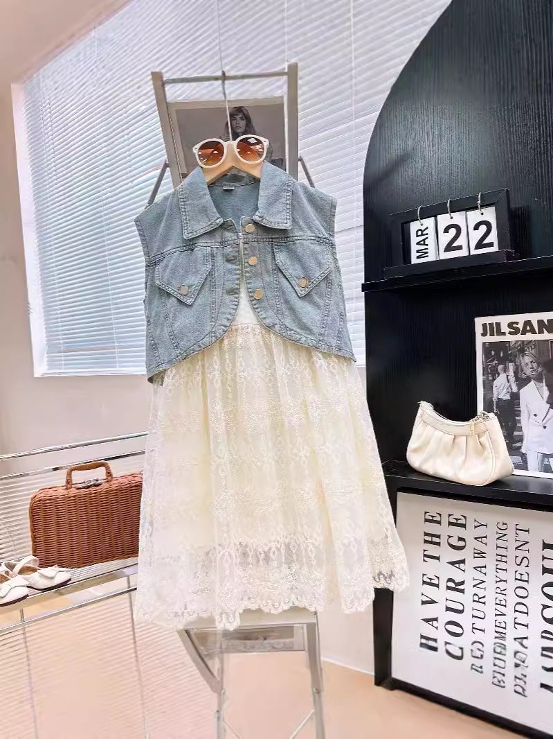 Denim sleeveless jacket with lace 2 pcs dress for girls