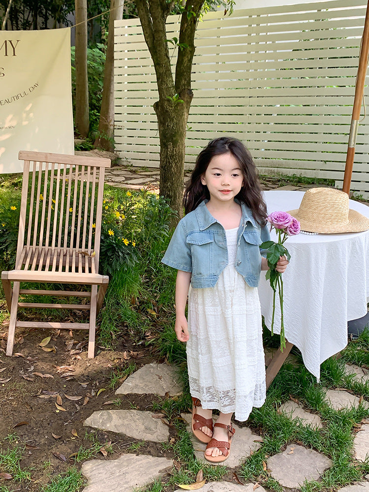 Denim sleeveless jacket with lace 2 pcs dress for girls