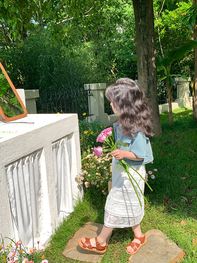 Denim sleeveless jacket with lace 2 pcs dress for girls