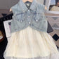 Denim sleeveless jacket with lace 2 pcs dress for girls