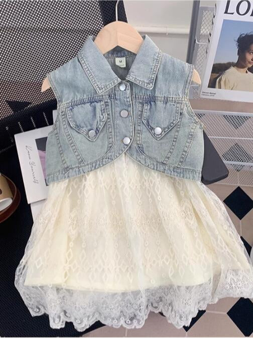 Denim sleeveless jacket with lace 2 pcs dress for girls