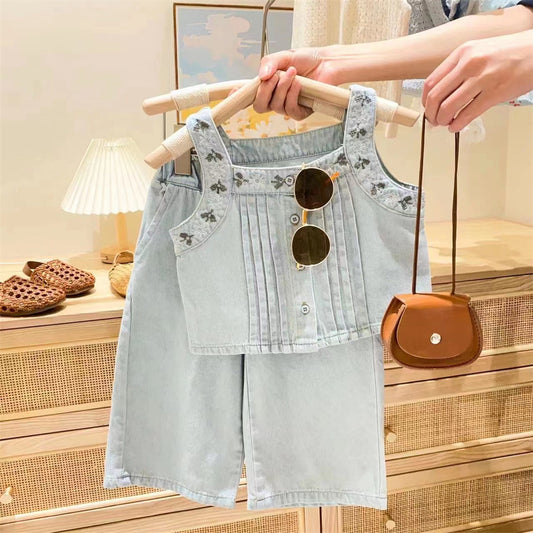 Girls Shoulder Straps Top look Embroidered  With Lose Trousers