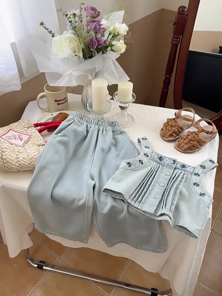 Girls Shoulder Straps Top look Embroidered  With Lose Trousers