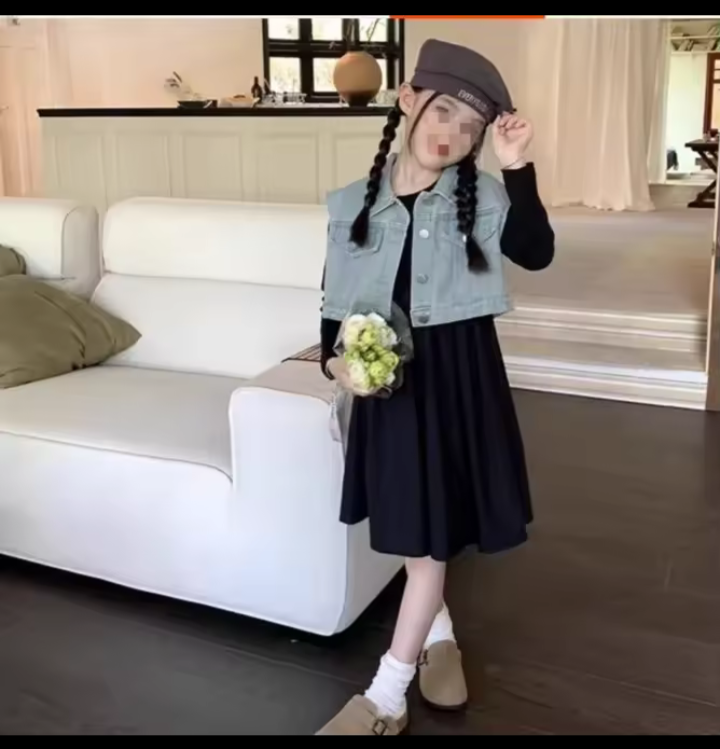 4517 Denim vest jacket + long sleeved 2 pcs dress for girls