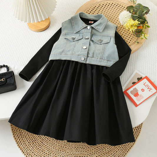4517 Denim vest jacket + long sleeved 2 pcs dress for girls