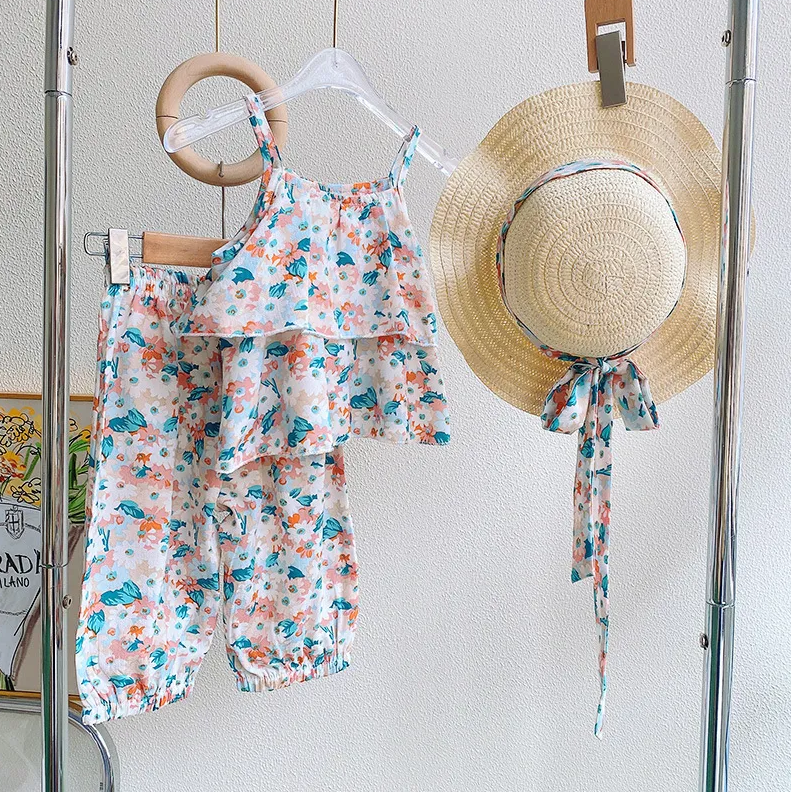 New fashion flower sling top+bow and pant 3 pcs dress for grils