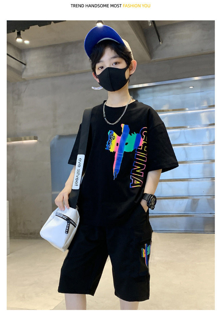 Casual Short Sleeved Sportswear Set for Children Teenagers Boys 2-piece Set for Children with fighter jet print