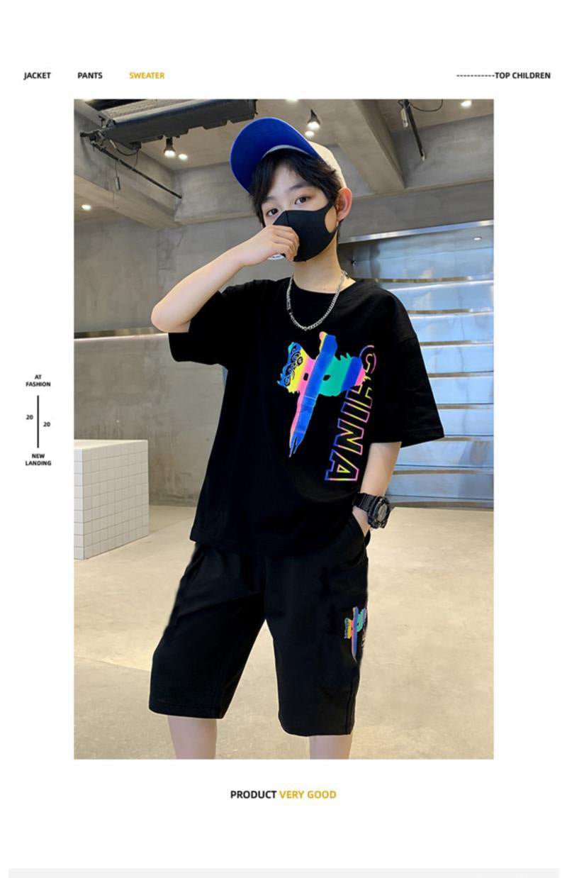Casual Short Sleeved Sportswear Set for Children Teenagers Boys 2-piece Set for Children with fighter jet print
