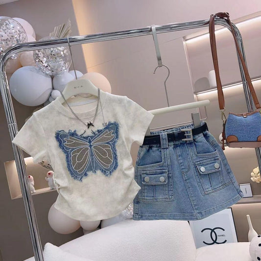 kids clothing embroidered top shirt with denim skirt + belt dress for girls
