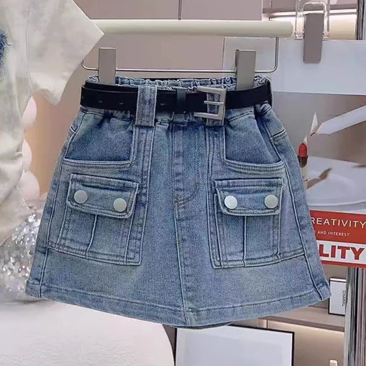 kids clothing embroidered top shirt with denim skirt + belt dress for girls