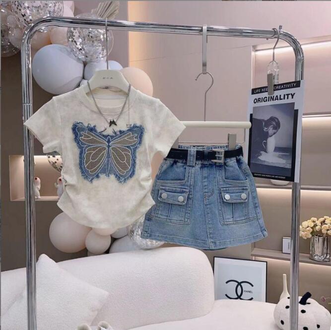 kids clothing embroidered top shirt with denim skirt + belt dress for girls