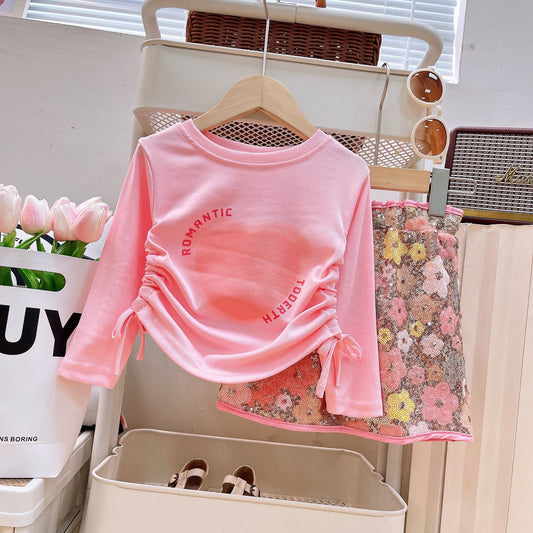 Drawstring top+floral sequin skirt 2 pcs dress for girls